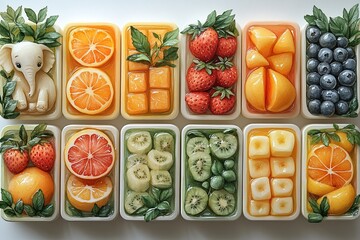 A colorful arrangement of fresh fruits artfully presented in containers.