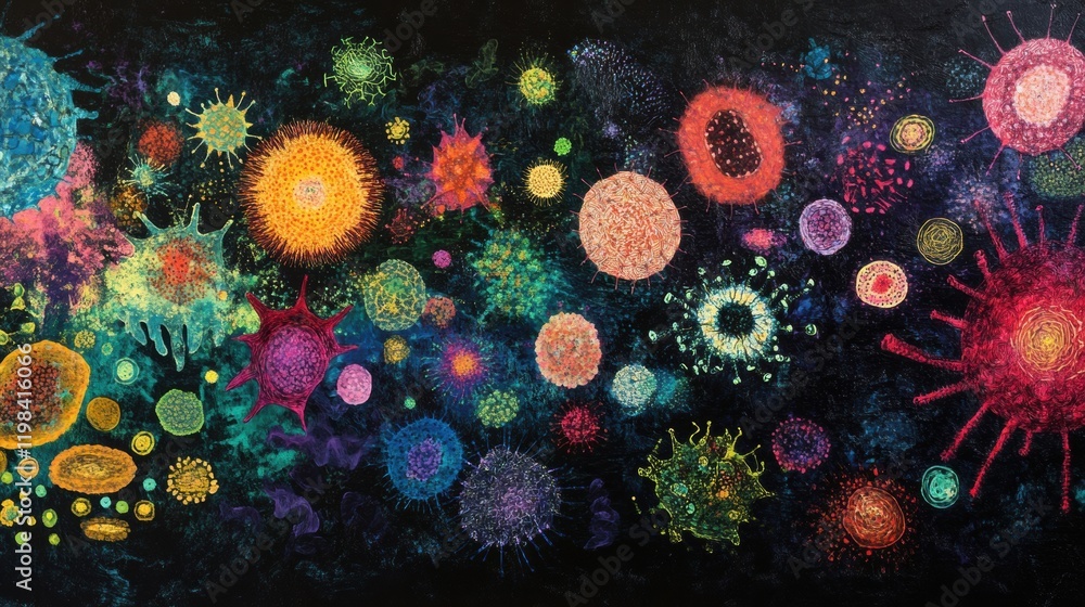 Aufkleber Bacteria and microbes display vibrant colors in a diverse array of microorganisms showcasing cellular complexity. Generative AI