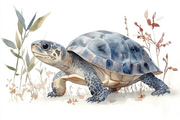 Obraz premium A watercolor illustration of a turtle among plants in a natural setting.