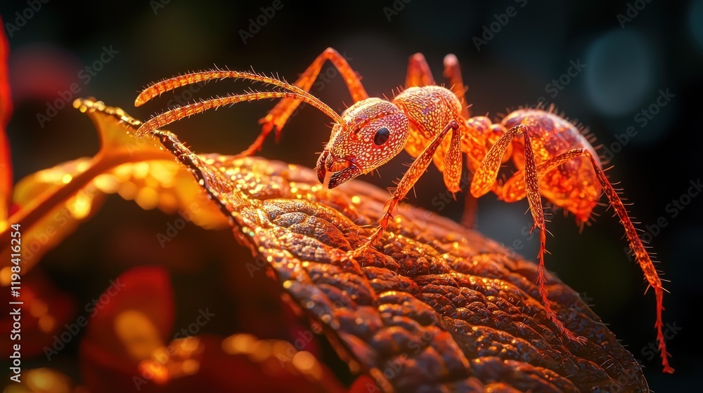 Poster close-up of a translucent red ant on a leaf.