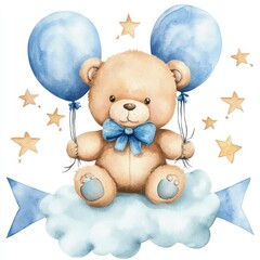 Teddy bear sits on a cloud holding blue balloons, gold stars in background, suitable for baby shower