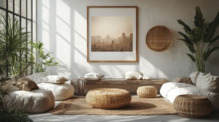 Cozy modern living room with natural light, featuring a cityscape artwork and earthy decor elements