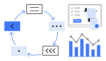 Cyclic process with arrows linking various elements, digital payment receipt, and bar graph with data points indicating analytics. Ideal for business workflow, automation, data analysis, finance