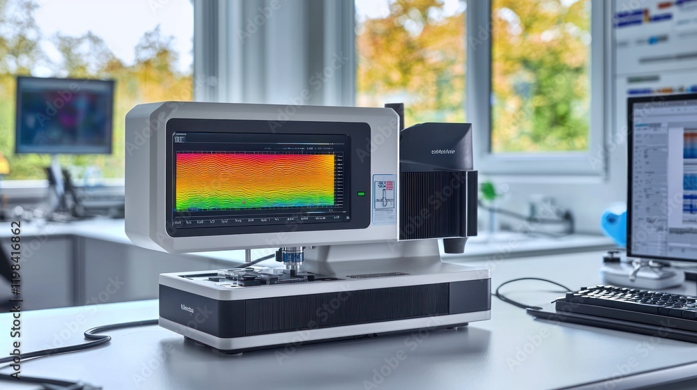 Poster modern scientific instrument with color display in lab.