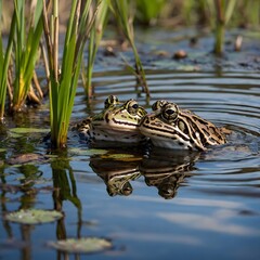 Mating Dance: Relict Leopard Frogs in Courtship Amidst Cattails