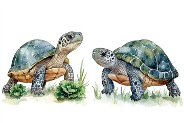 Obraz premium Two illustrated turtles surrounded by grass and plants.
