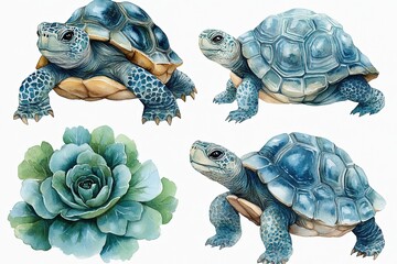 A watercolor illustration featuring turtles and a succulent plant.