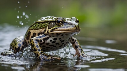 Obraz premium Leaping Into Action: Relict Leopard Frog in Mid-Jump