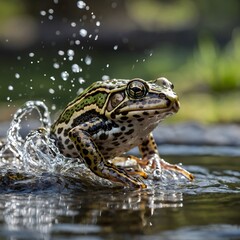 Fototapeta premium Mid-Air Grace: Relict Leopard Frog Captured in a Powerful Leap