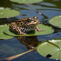 Fototapeta premium Serene Portrait of a Relict Leopard Frog Resting on a Lily Pad