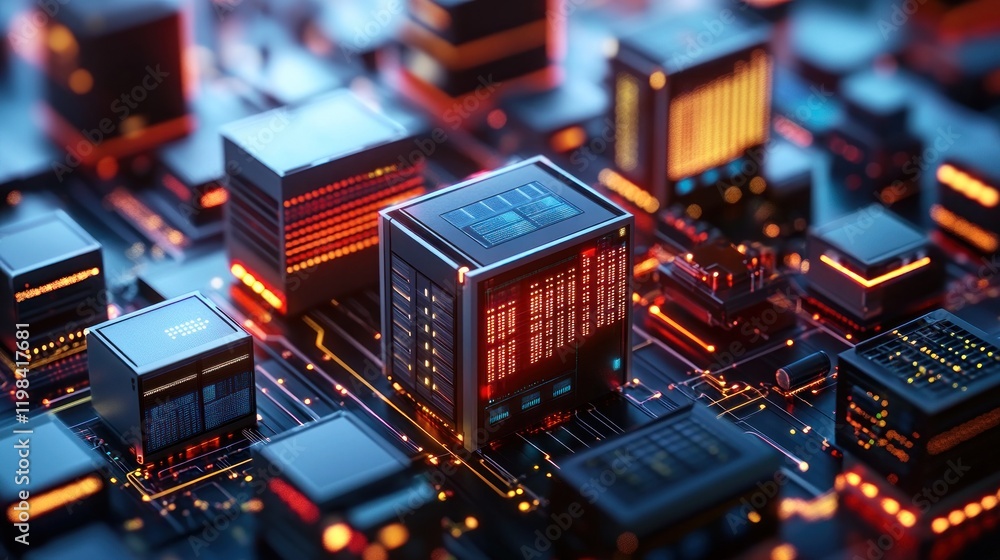 Poster abstract futuristic data center: a digital metropolis of servers and circuitry