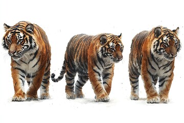 Obraz premium Three realistic tigers walking in a row, showcasing their distinct features.