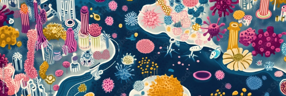 Aufkleber creative depiction of bacteria colonies as vibrant cities on a playful map showcasing microscopic li
