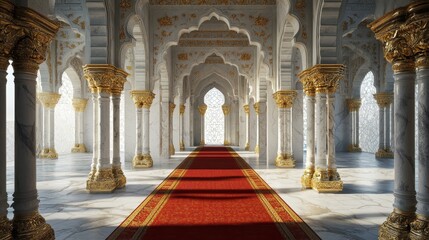 Fototapeta premium Grand Palace Hallway with Marble Columns and Red Carpet