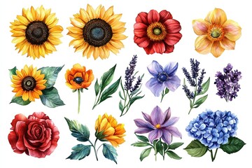 A collection of colorful floral illustrations featuring various flowers and leaves.