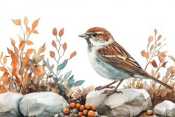 A watercolor illustration of a sparrow among rocks and autumn foliage.