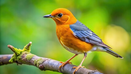 Aerial drone shot: vibrant orange-headed thrush starling perched serenely on a tree branch.