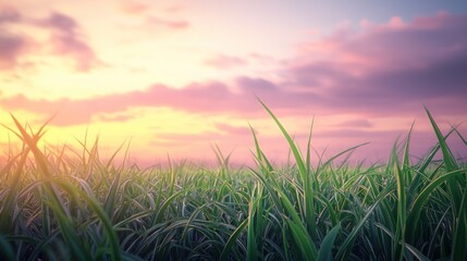 Vibrant sunset over a lush green field of grass.