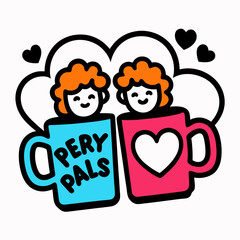 Sticker design of Two mugs clinking, surrounded by love hearts and vibrant swirls, with a pop girl giving a thumbs-up nearby