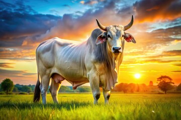 A majestic Brahma bull, powerfully built, grazes peacefully in a sun-drenched pasture. High-resolution farm animal photo.