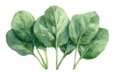 Obraz premium A watercolor illustration of fresh spinach leaves arranged together.