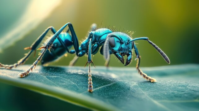 Close-up of a vibrant blue ant on a green leaf.