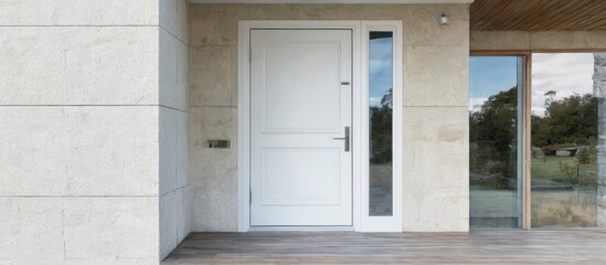 Modern and minimalistic white glass door on wooden deck with blue sky and greenery view through large window.