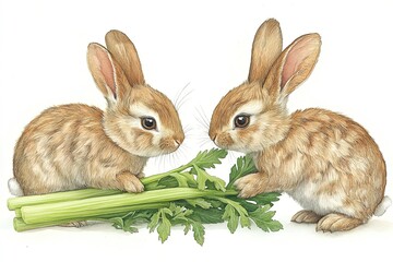 Fototapeta premium Two adorable rabbits nibbling on celery, showcasing a playful interaction.