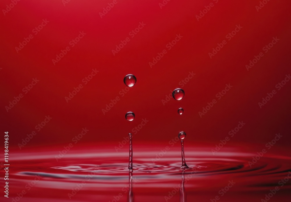 Poster captivating close-up of water droplets splashing on vibrant red surface creating ripples and reflect