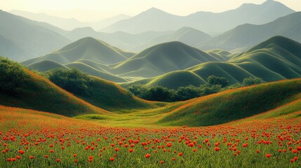 Fototapeta premium Lush green hills adorned with vibrant flowers under a serene sky, capturing nature's tranquility