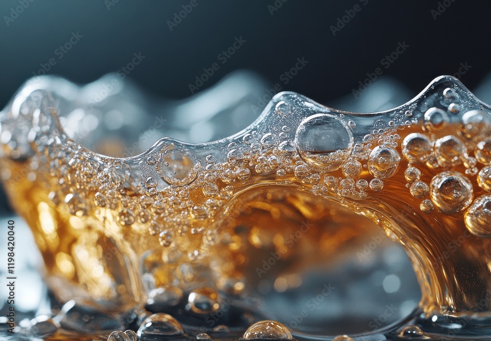 Aufkleber close-up image of golden liquid with bubbles in a rippled glass surface, capturing the unique textur