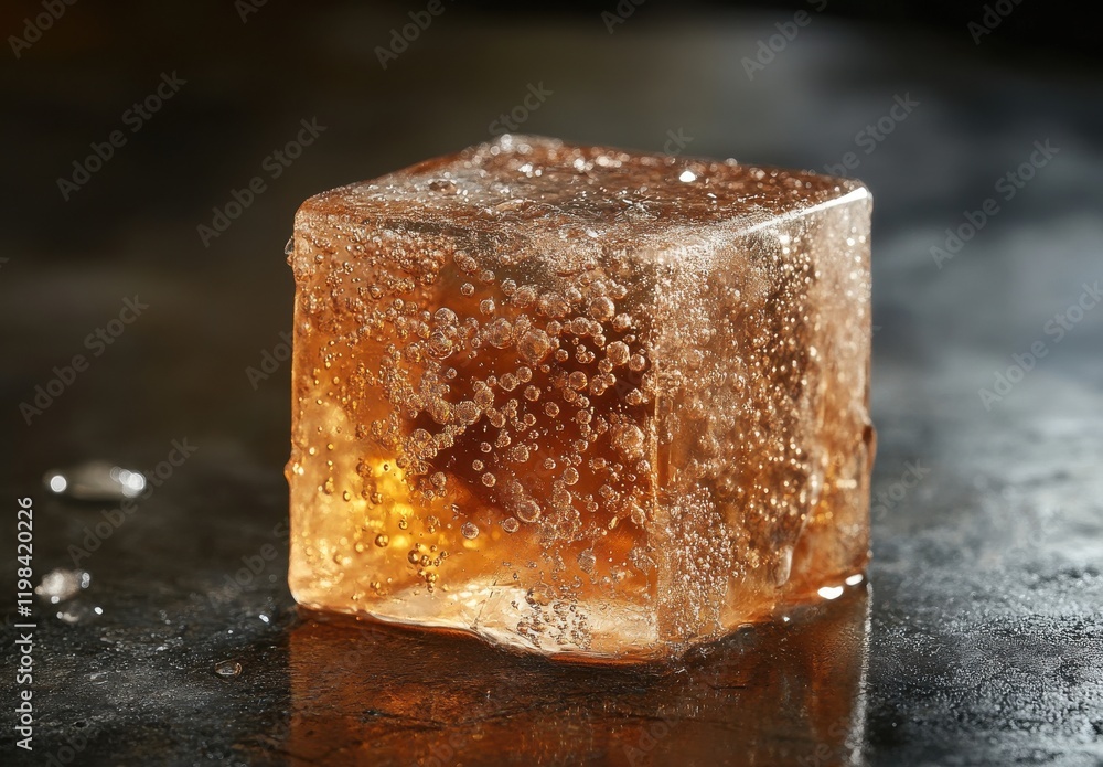 Poster close-up of a clear ice cube with bubbles and amber liquid on a dark surface reflecting light, perfe