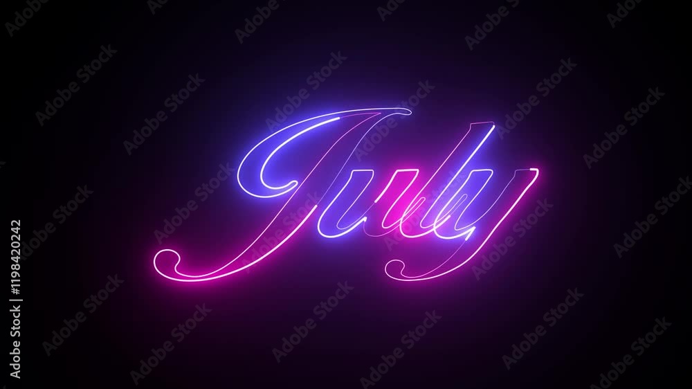 Poster abstract glowing text month july light neon effect background animation. july text animation: 4k mot