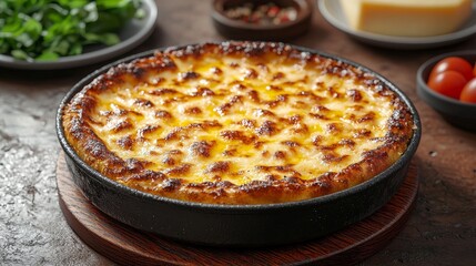 Delicious cheese gratin dish kitchen table food rustic environment close-up view culinary art