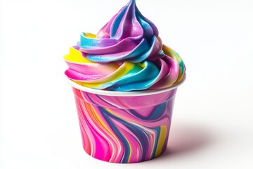 A colorful whipped cream can with radiant, multicolored patterns, isolated on a clean white backdrop.