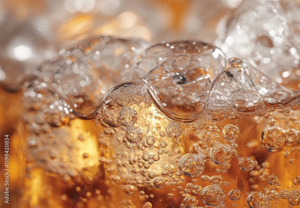 Poster close-up of refreshing carbonated beverage with bubbles and effervescence captured in bright light, 