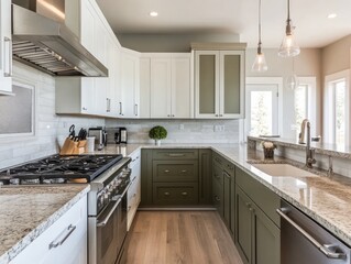 Modern Farmhouse Kitchen With Granite Countertops And Stainless Steel Appliances