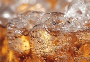 Close-Up of Refreshing Carbonated Beverage with Bubbles and Effervescence Captured in Bright Light, Perfect for Showcasing Refreshment and Celebration Themes