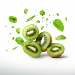Kiwi slices on white background, fresh and healthy green fruit slices isolated for a clean look