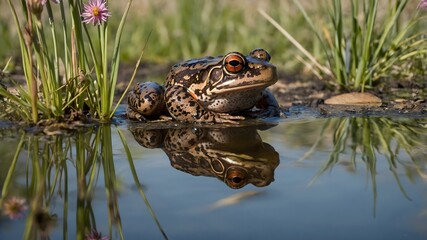 Obraz premium Serenity in Reflection: California Red-Legged Frog by Tranquil Pond