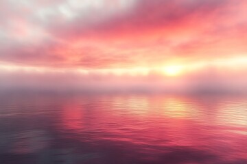 Obraz premium Serene sunset over calm ocean, misty horizon.