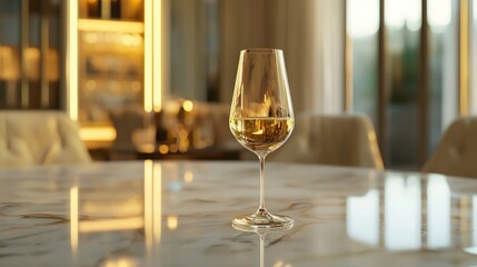 White wine glass on marble table in luxury dining room.