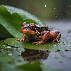 Obraz premium Wet Wonderland: California Red-Legged Frog Amidst a Rainy Day on Leaf