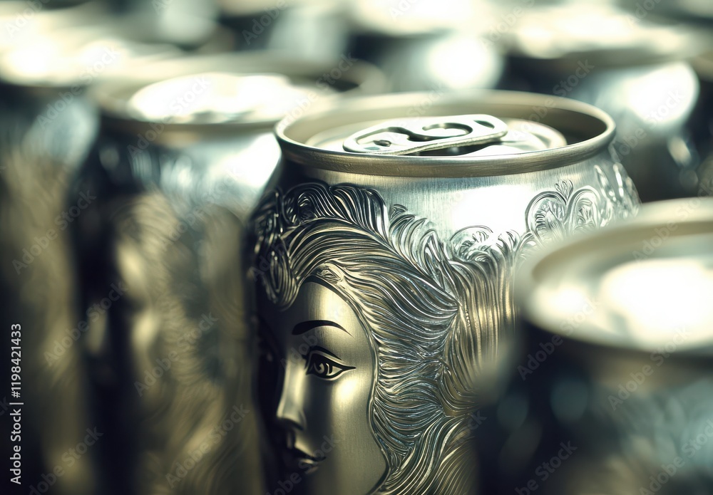 Poster close-up view of artistically designed metal cans with intricate patterns in a row, highlighting uni