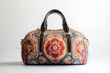 A luxurious bowling bag with colorful, intricate patterns, centered on a pristine white backdrop.