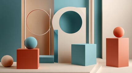 Abstract Geometric Composition: Teal, Coral, and Beige Forms