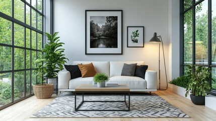 Modern living room with large windows showcasing greenery outside, featuring stylish furniture and decor