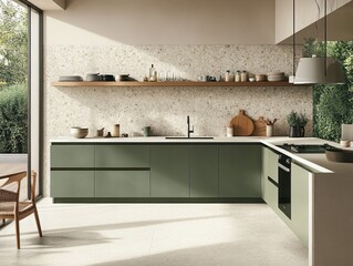 Modern Green Kitchen with Terrazzo Backsplash and Island