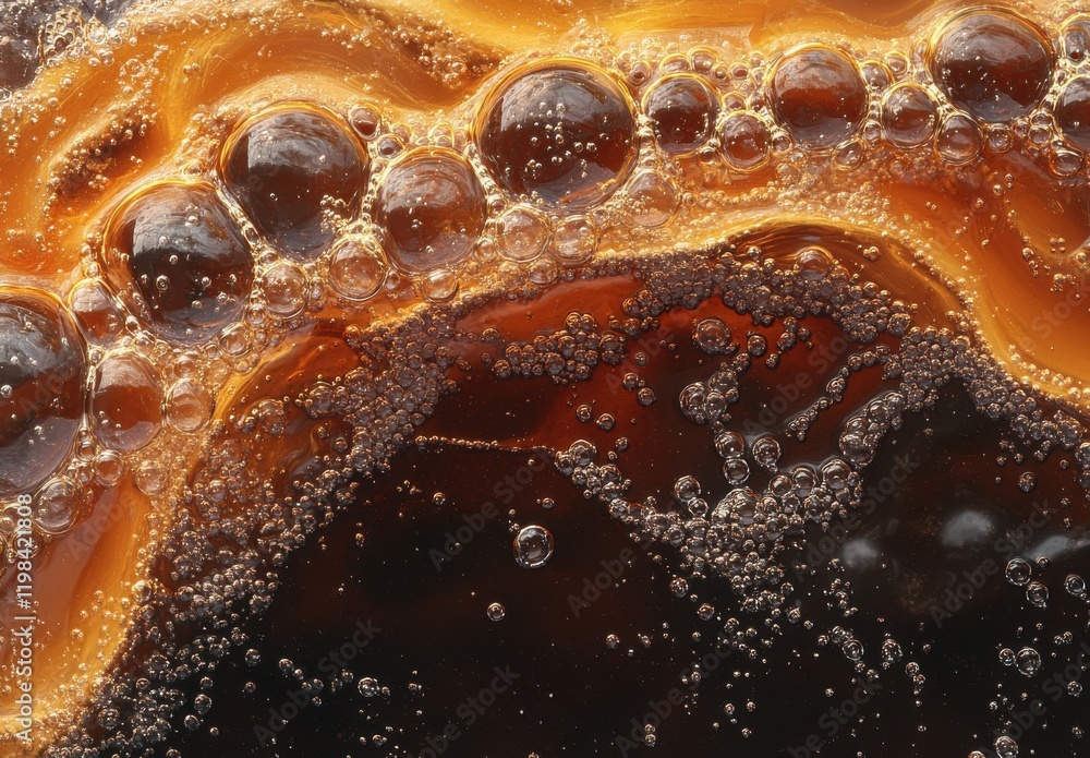 Poster close-up view of bubbles in carbonated drink with dark brown liquid sparkling and shimmering, captur