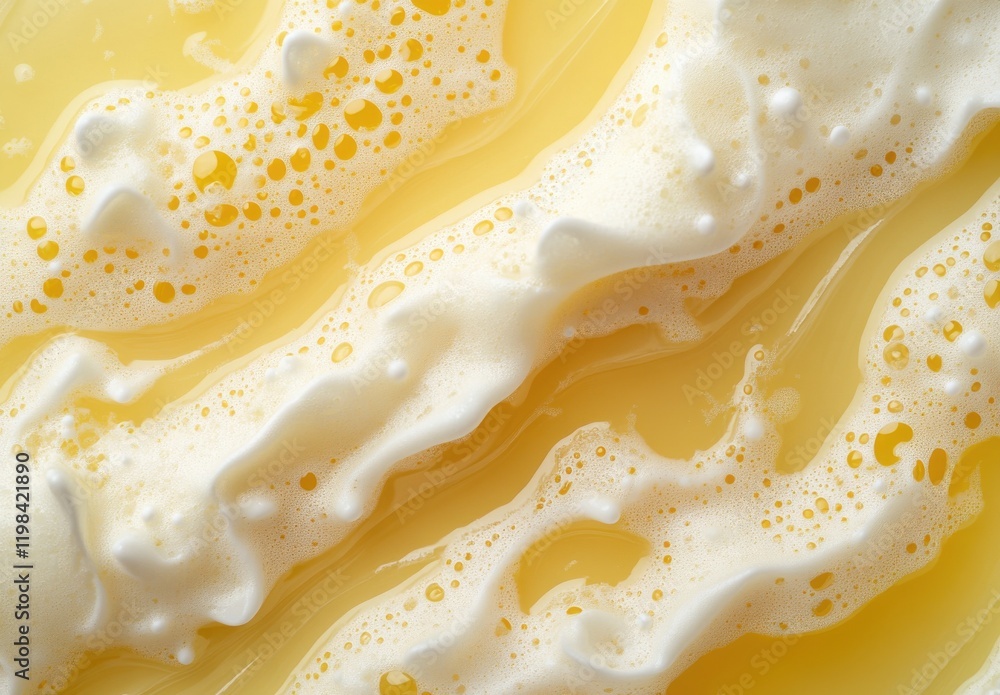 Poster close-up view of creamy yellow foam with bubbles on smooth surface, capturing textures and patterns 